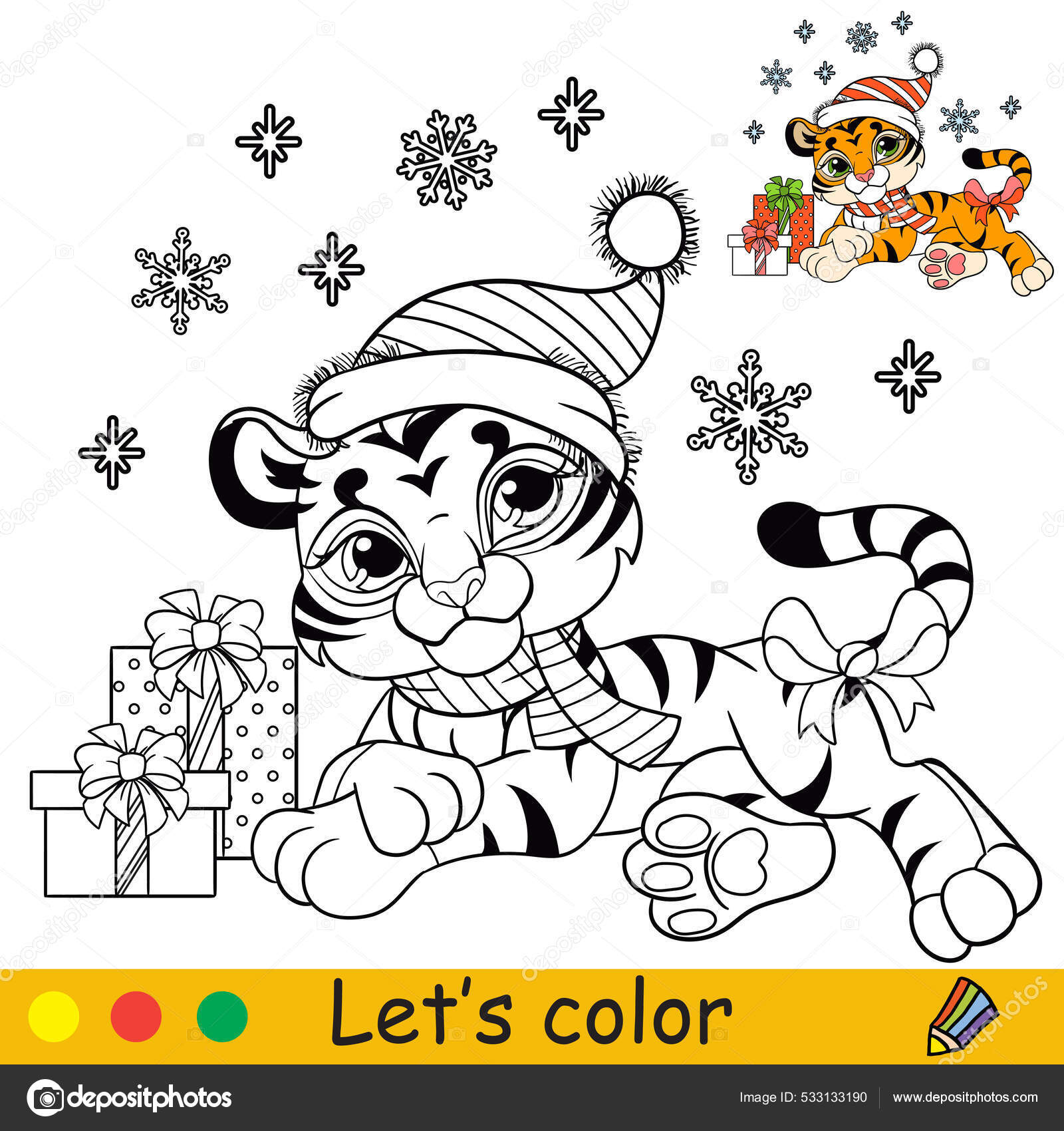 Coloring page cute tiger cub christmas presents snowflakes cartoon character stock vector by alinart