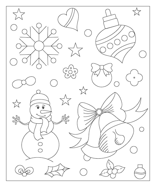 Premium vector coloring page of a decorated christmas tree shanta claus ball bell snowman and gifts