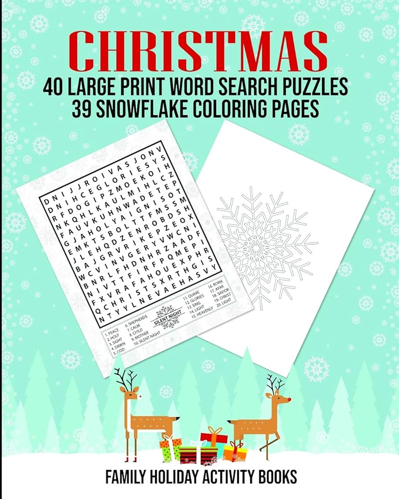 Christmas large print word search puzzles snowflake coloring pages family holiday activity books christmas word search activity book