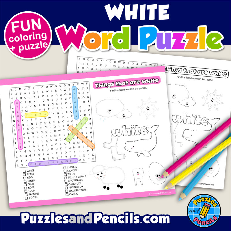 Things that are white word search puzzle and coloring color wordsearch made by teachers