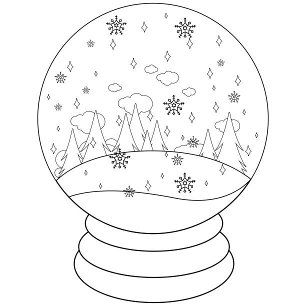 Winter landscape inside a snow globe vector black and white coloring page stock illustration