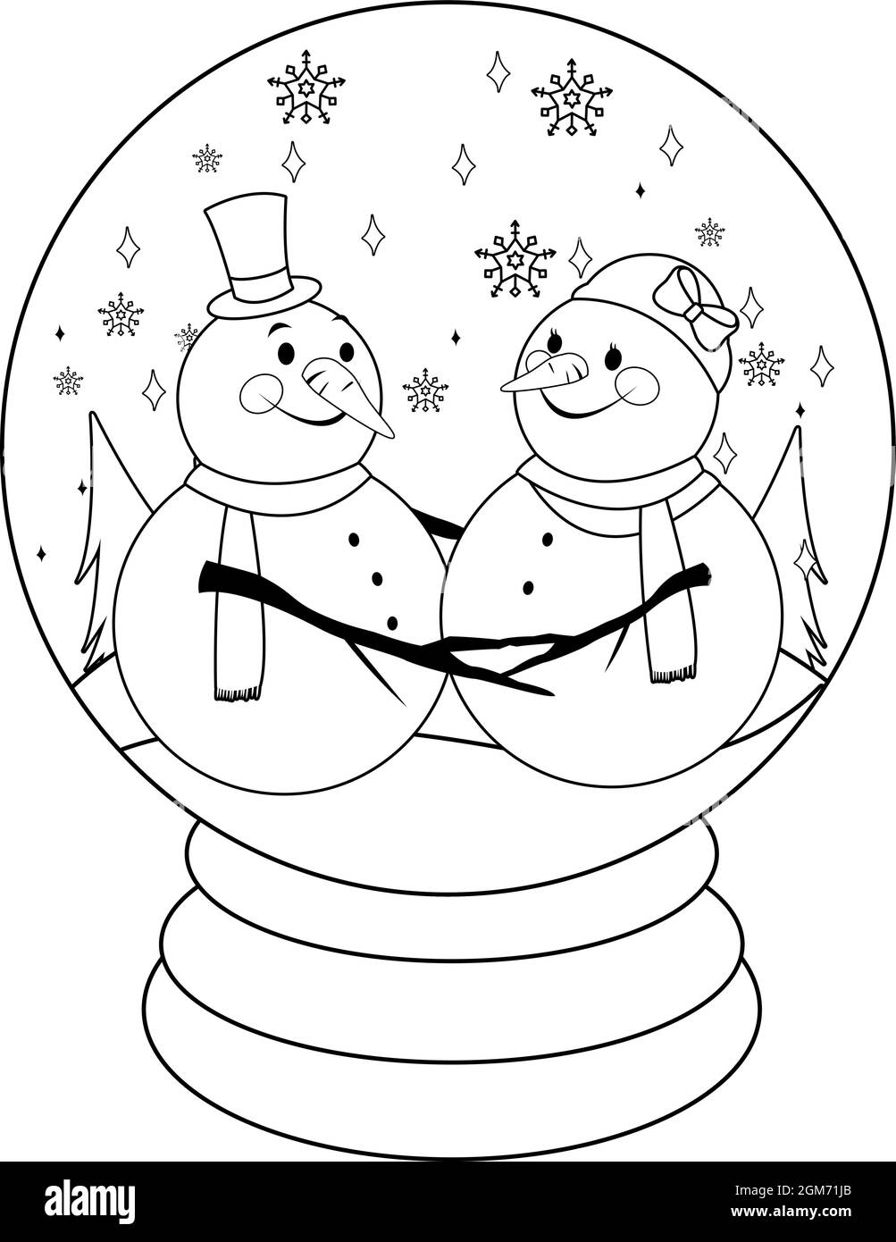 Cute snowmen inside a snow globe vector black and white coloring page stock vector image art
