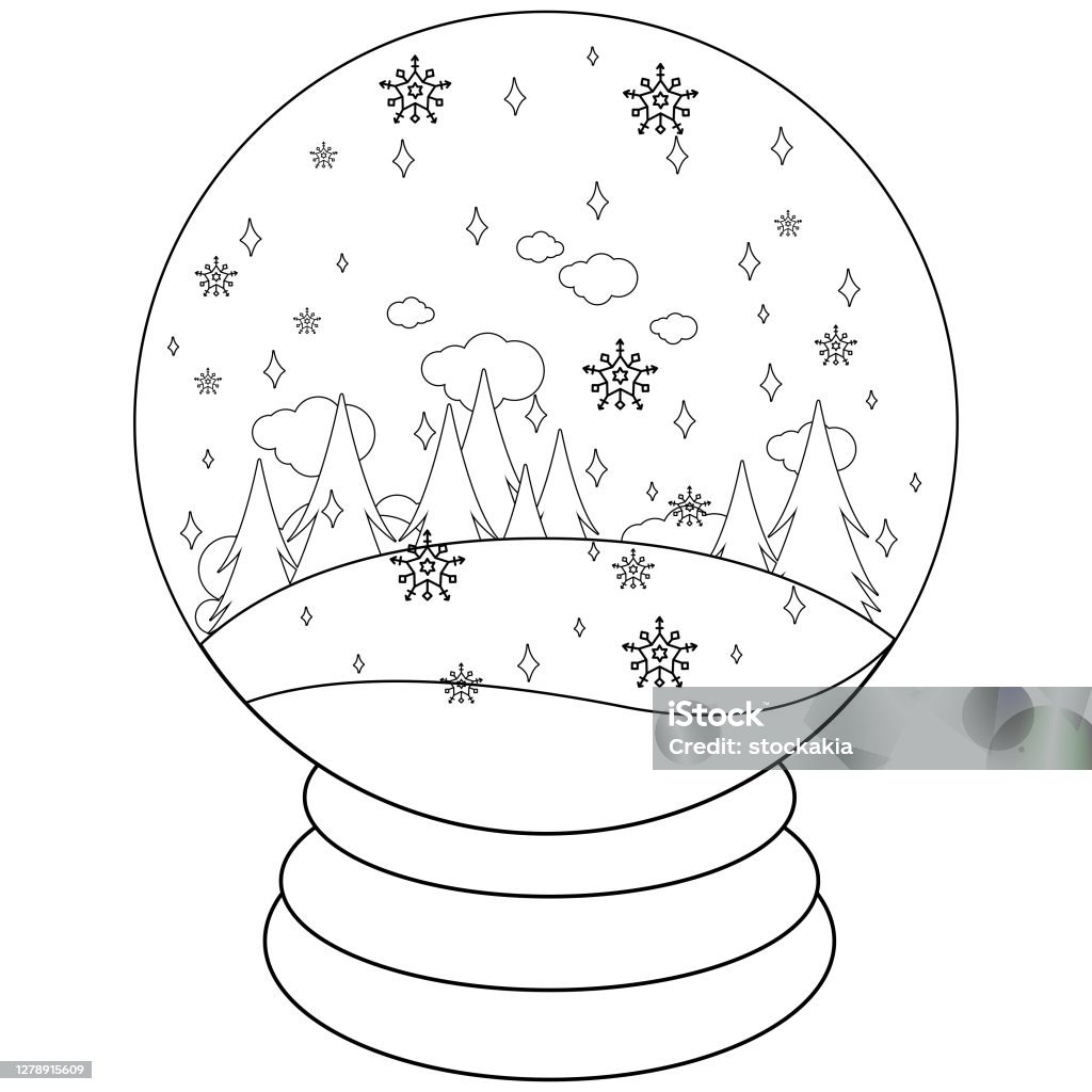 Winter landscape inside a snow globe vector black and white coloring page stock illustration