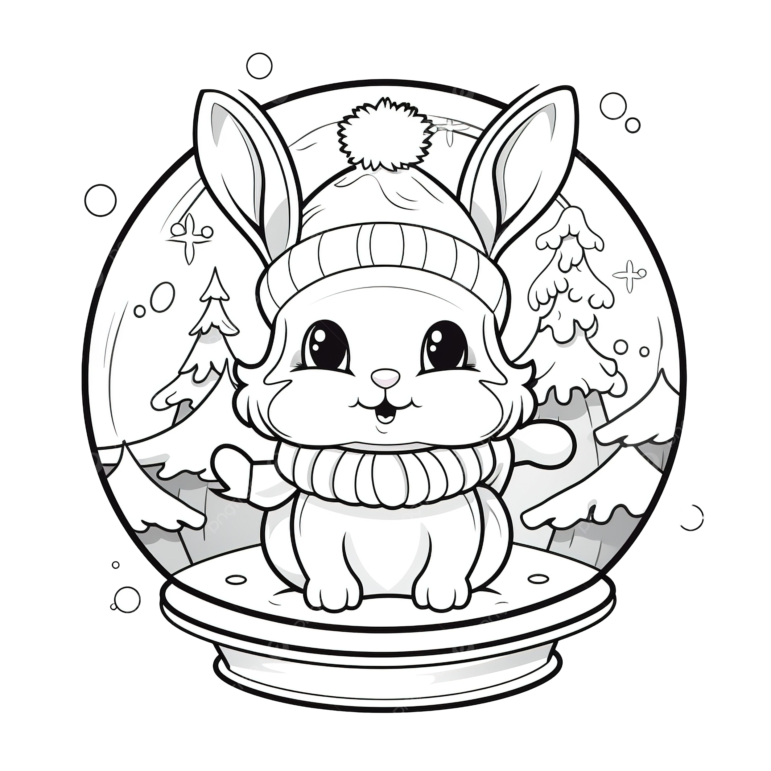 Christmas bunny with snow globe coloring page outline cartoon vector illustration baby rabbit coloring pages png transparent image and clipart for free download