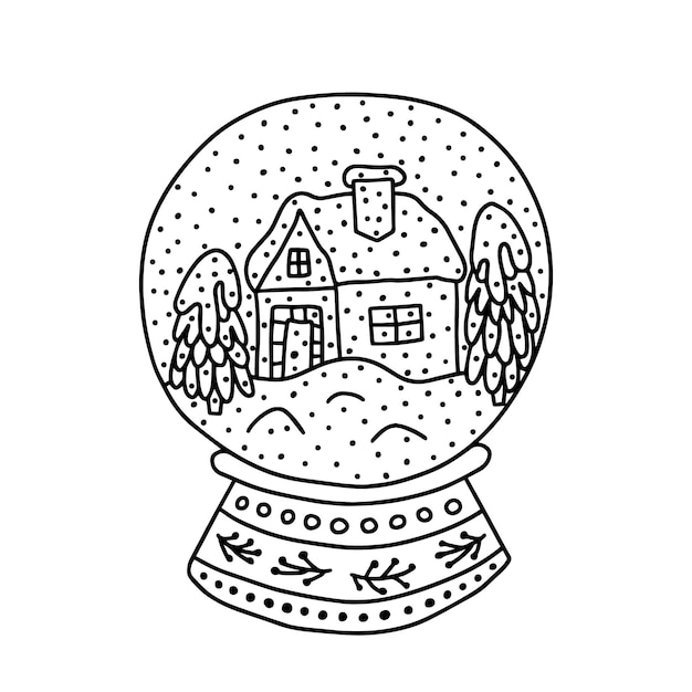 Premium vector hand drawn vector glass snow globe with cute house coloring page with christmas snowball