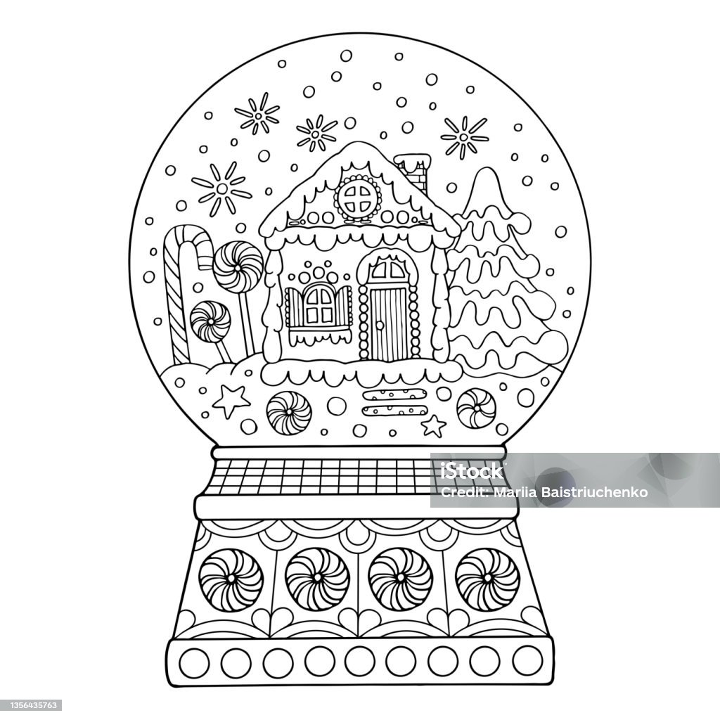 Coloring page snow globe thin line art a christmas gift winter decor hand drawn vector illustration isolated simple doodle element coloring book for children and adults stock illustration