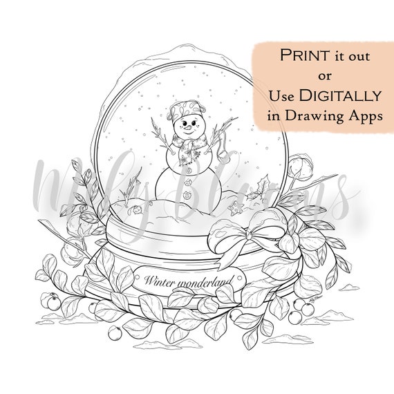 Printable digital adults coloring page winter snow globe digistamp with and without background jpg png pdf files