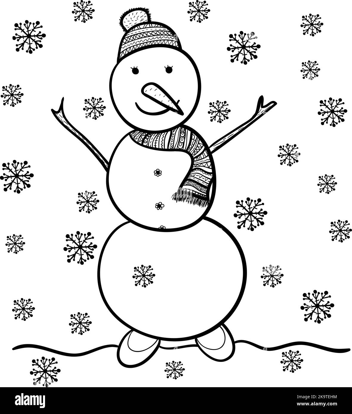 Winter cartoon illustration snowman snowflakes black and white stock photos images