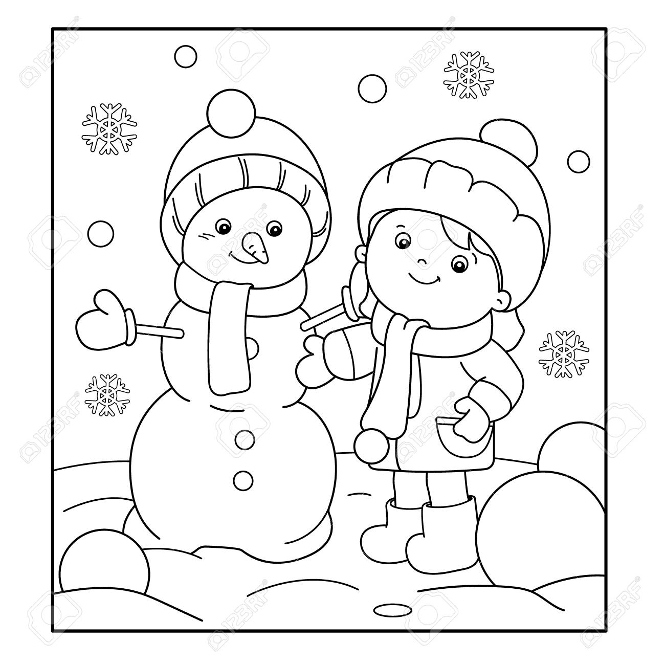 Coloring page outline of cartoon girl making snowman royalty free svg cliparts vectors and stock illustration image