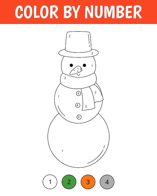 Premium vector color by number game for kids cute snowman christmas coloring page printable worksheet with solution for school and preschool learning numbers activity vector cartoon illustration
