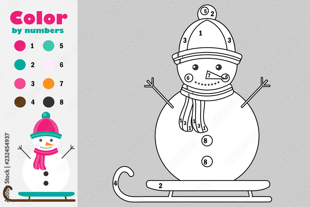 Snowman in cartoon style color by number christmas education paper game for the development of children coloring page kids preschool activity printable worksheet vector illustration vector