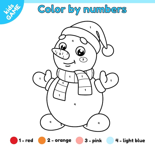 Premium vector kids coloring page by numbers with snowman in hat