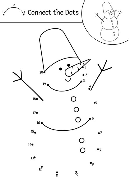 Premium vector vector christmas dottodot and color activity with cute snowman winter holiday connect the dots game for children with snow man coloring page for kids with traditional new year symbol