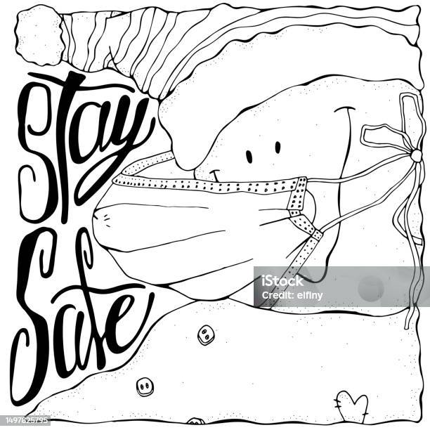 Cheerful snowman in a white medical face mask winter lettering merry christmas happy new year novel coronavirus pattern for adult coloring book black and white stock illustration