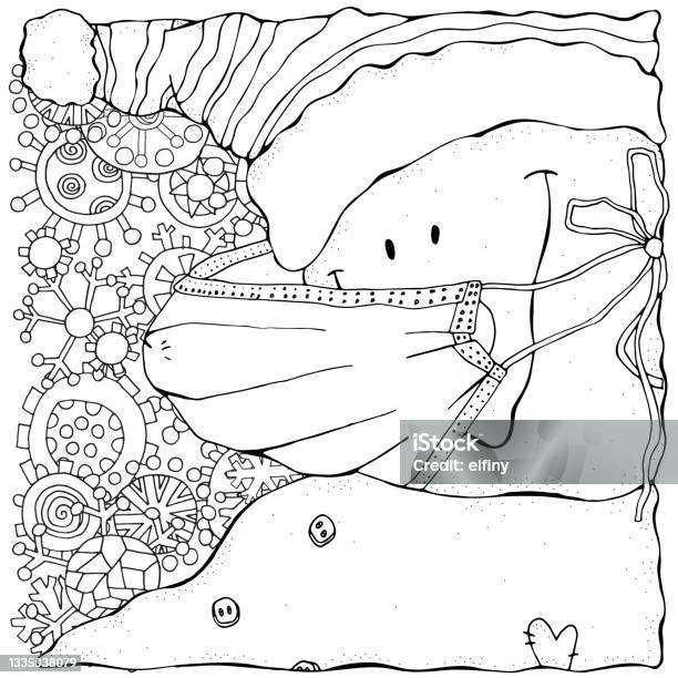 Cheerful snowman in a white medical face mask winter lettering merry christmas happy new year novel coronavirus pattern for adult coloring book black and white stock illustration