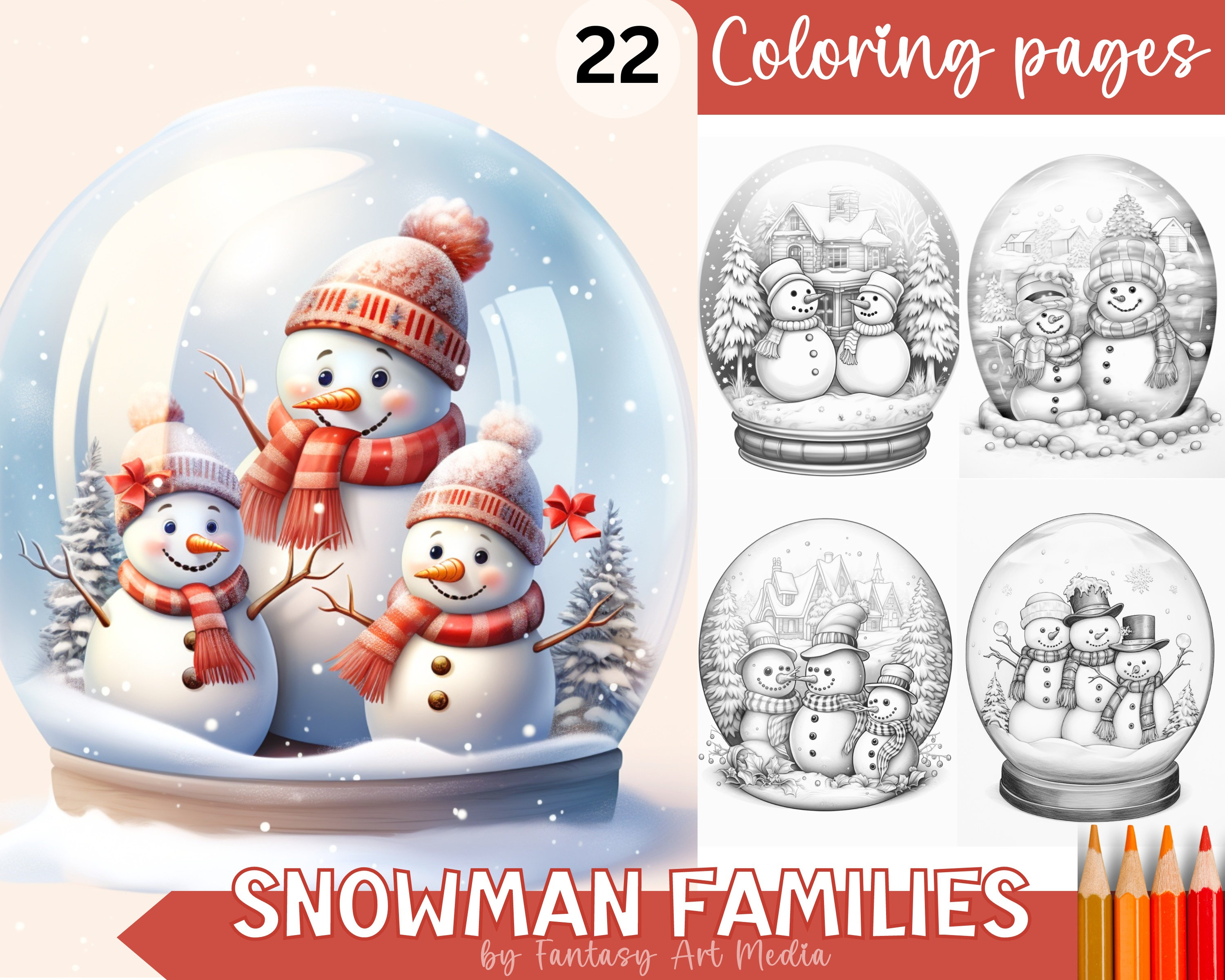 Snowman families in snow globes christmas coloring pages printable adult grayscale coloring book instant download printable jpgpdf file