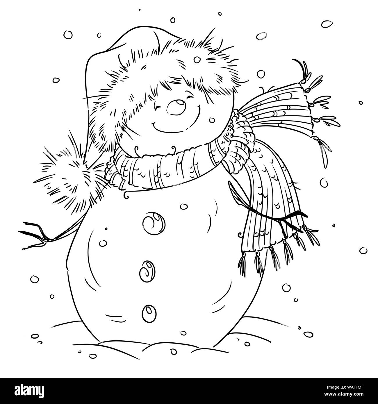 Outlined happy smiling snowman cute illustration coloring page digital stamp stock photo