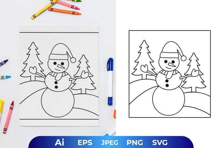 Happy snowman between pine trees coloring page