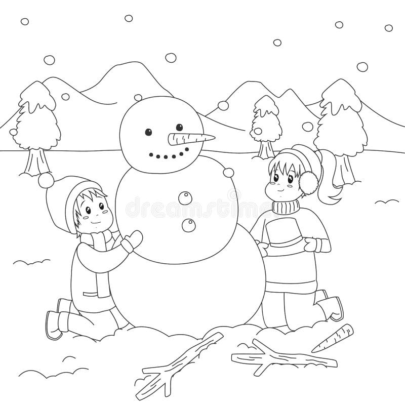 Happy kids building a snowman coloring page cartoon vector stock vector