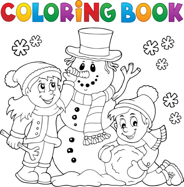 Coloring book kids building snowman stock illustration