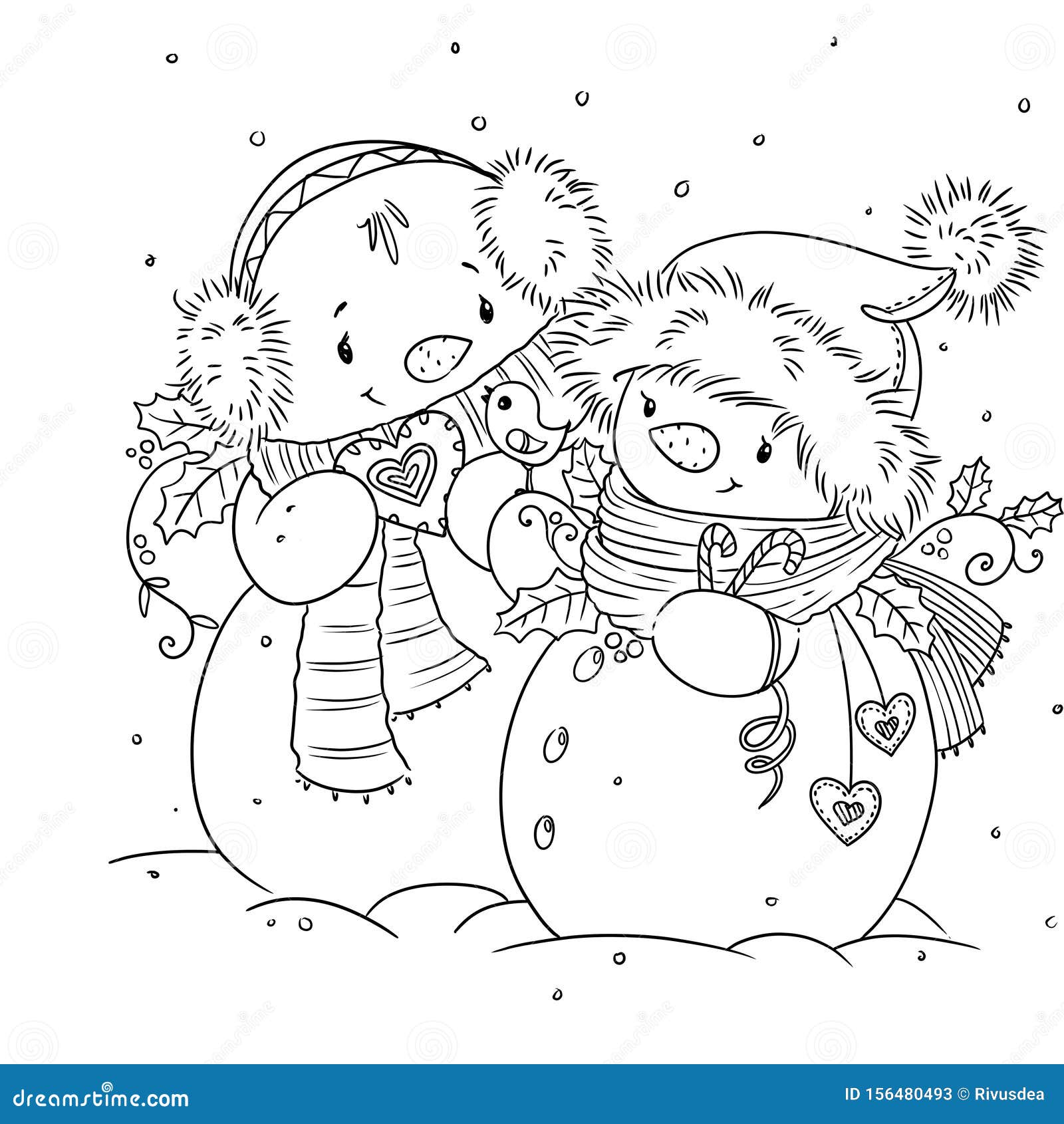 Outlined happy smiling snowman cute illustration coloring page digital stamp stock illustration