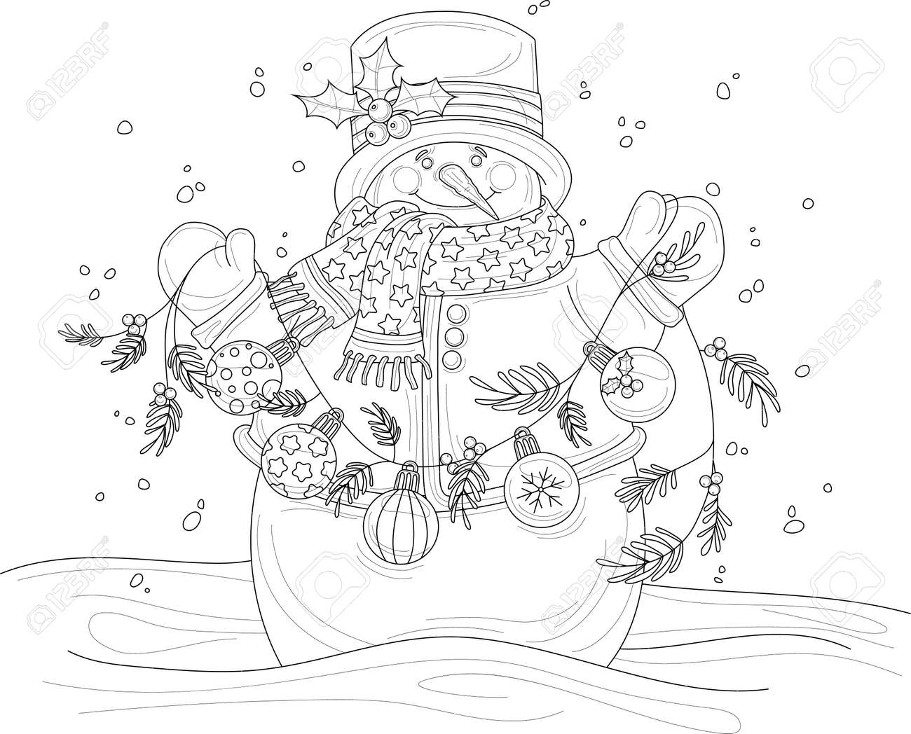Cartoon snowman in hat and scarf with garland and winter decoration balls sketch template christmas vector illustration in black and white for game decor childrens story book coloring paper page royalty free