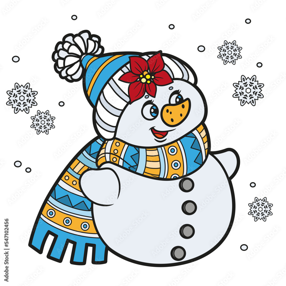 Cute cartoon christmas snowman in a warm hat and scarf color variation for coloring page on white background vector