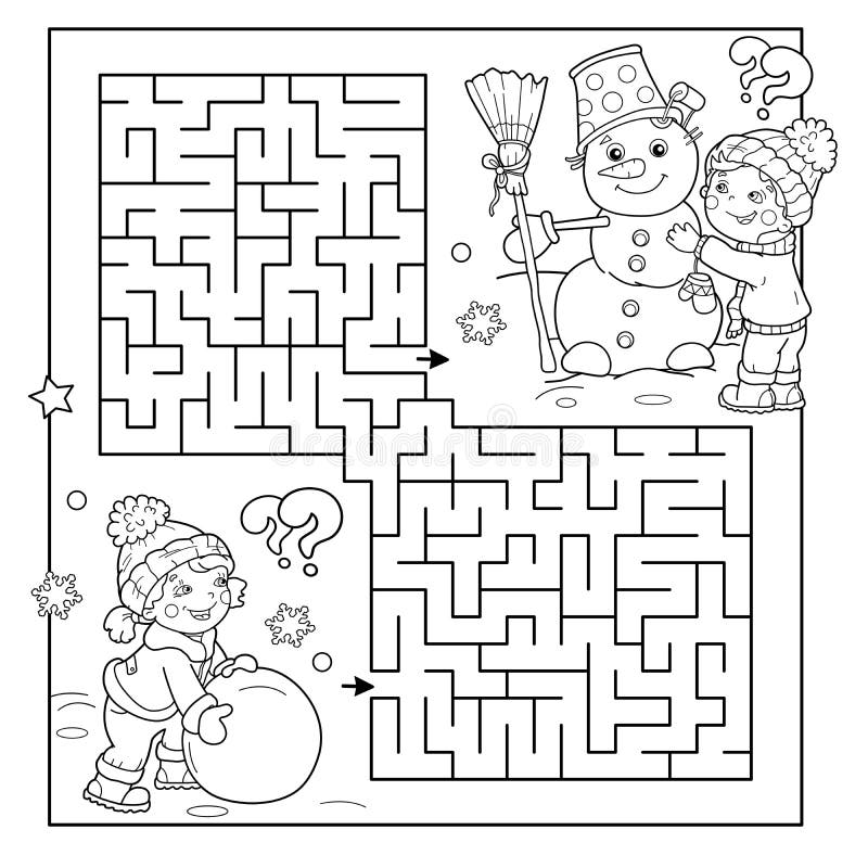 Maze or labyrinth game puzzle coloring page outline of cartoon boy with girl making snowman together winter stock vector