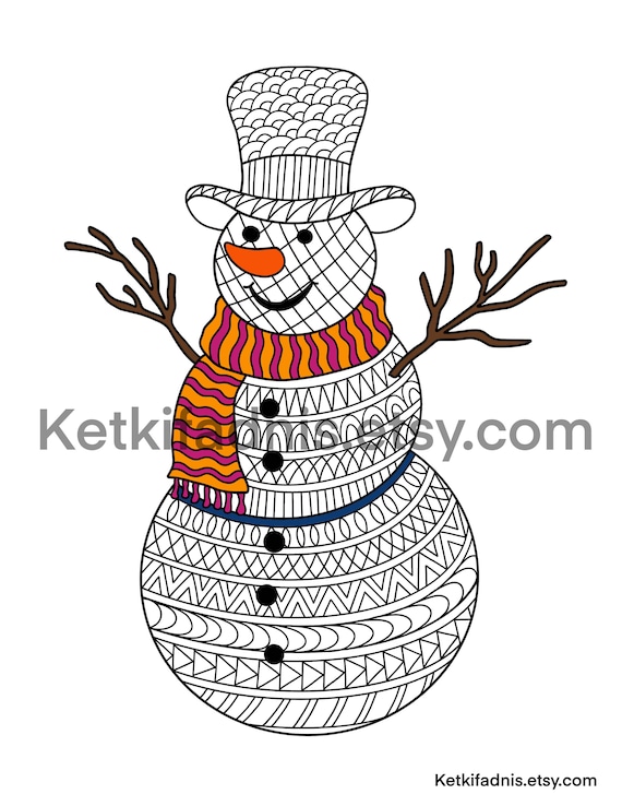 Snowman coloring page pdf digital download zentangle colouring page