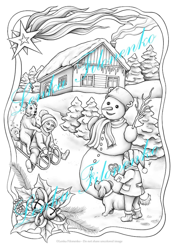 Christmas coloring page for adults snowman and kids grey scale coloring pdf download and print instant download