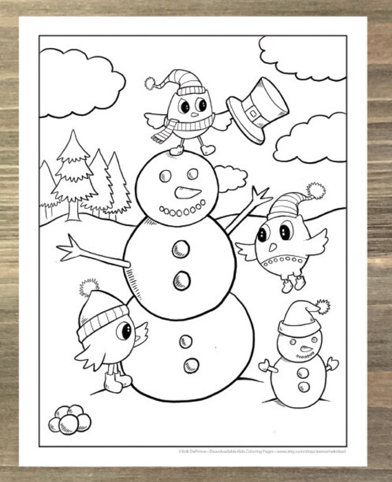 Christmas snowman and owls coloring page downloadable pdf file download now