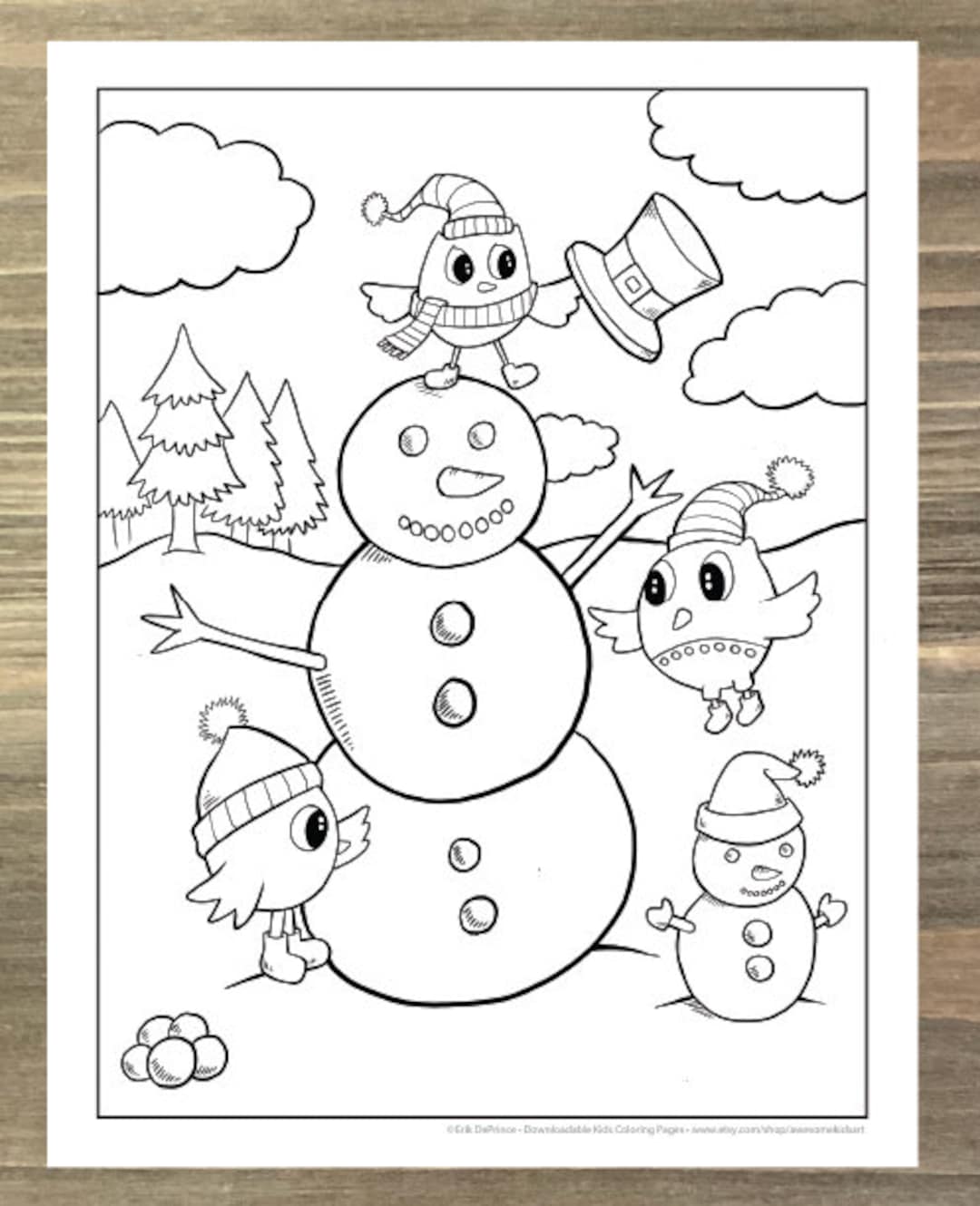 Christmas snowman and owls coloring page downloadable pdf file download now