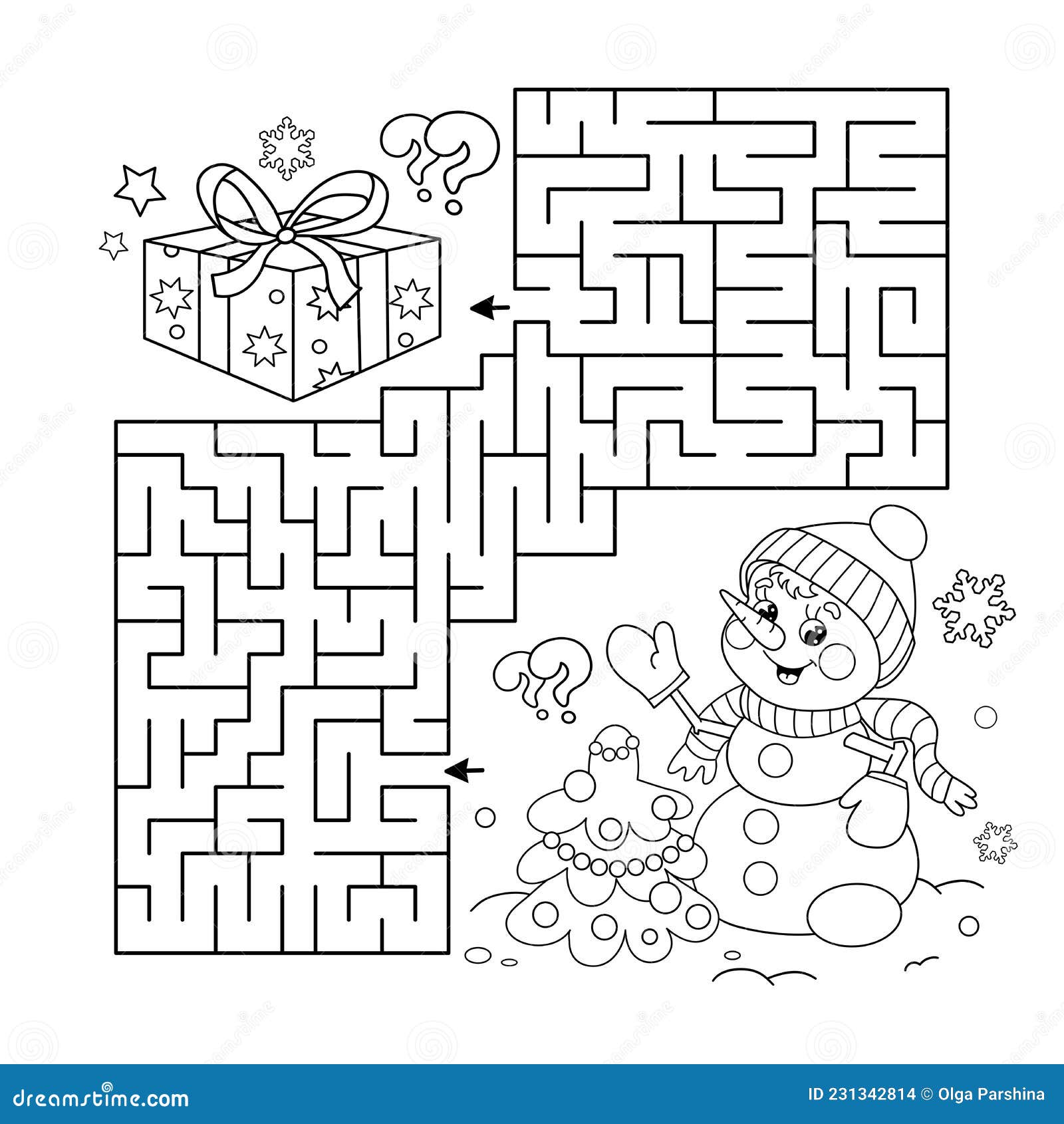 Maze or labyrinth game puzzle coloring page outline of snowman with christmas tree new year christmas stock vector