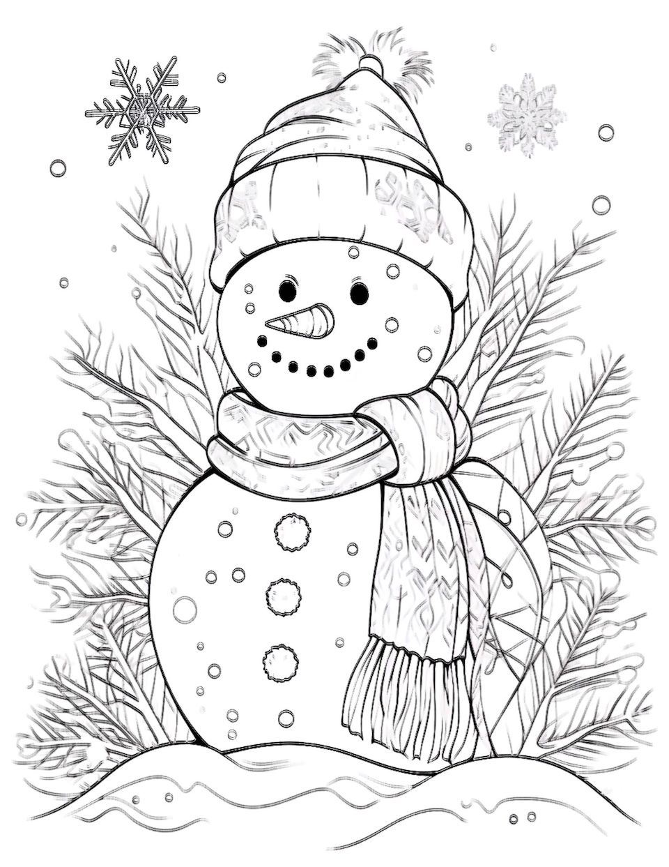 Snowman coloring pages for kids and adults