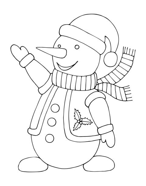 Winter coloring page with a snowman in warm clothes vest hat scarf and mittens christmas symbol hand drawn vector thin line art illustration coloring book for children and adults stock illustration