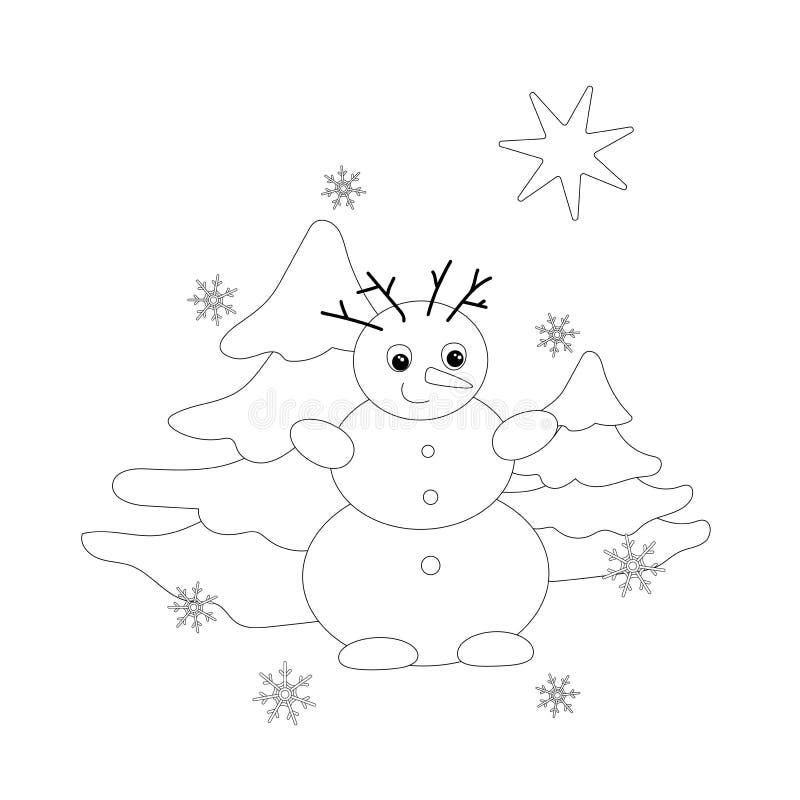Snowman with christmas tree star snowflakes coloring page winters coloring book for kids stock illustration