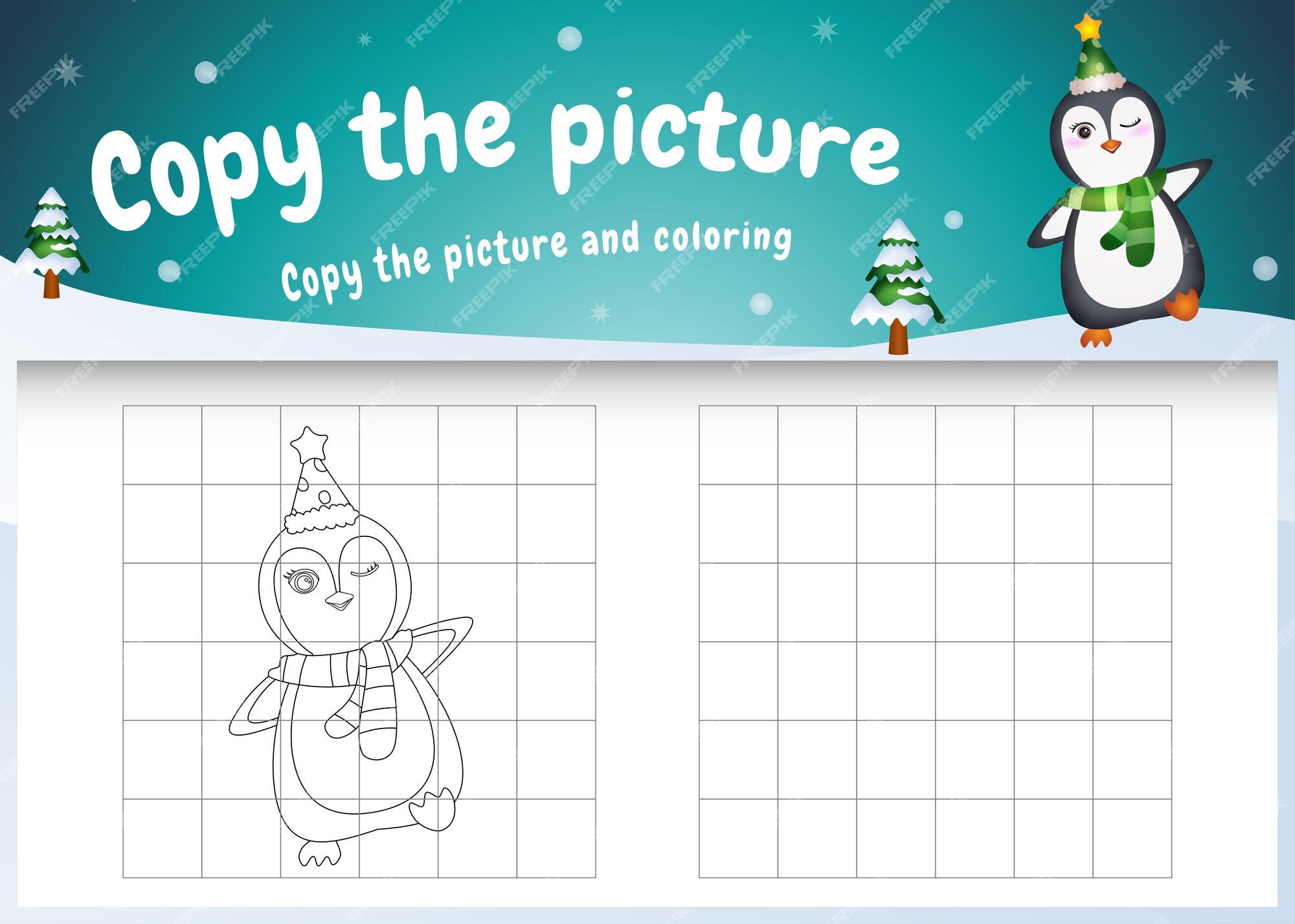 Premium vector copy the picture kids game and coloring page with a cute penguin using christmas costume