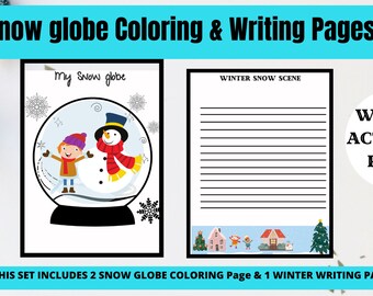 Snow globe coloring page winter snow scene printable writing paperset of digital only