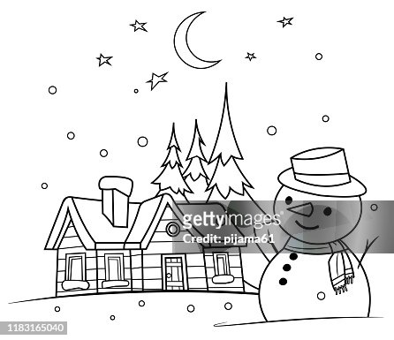 Coloring book winter night with a snowman high