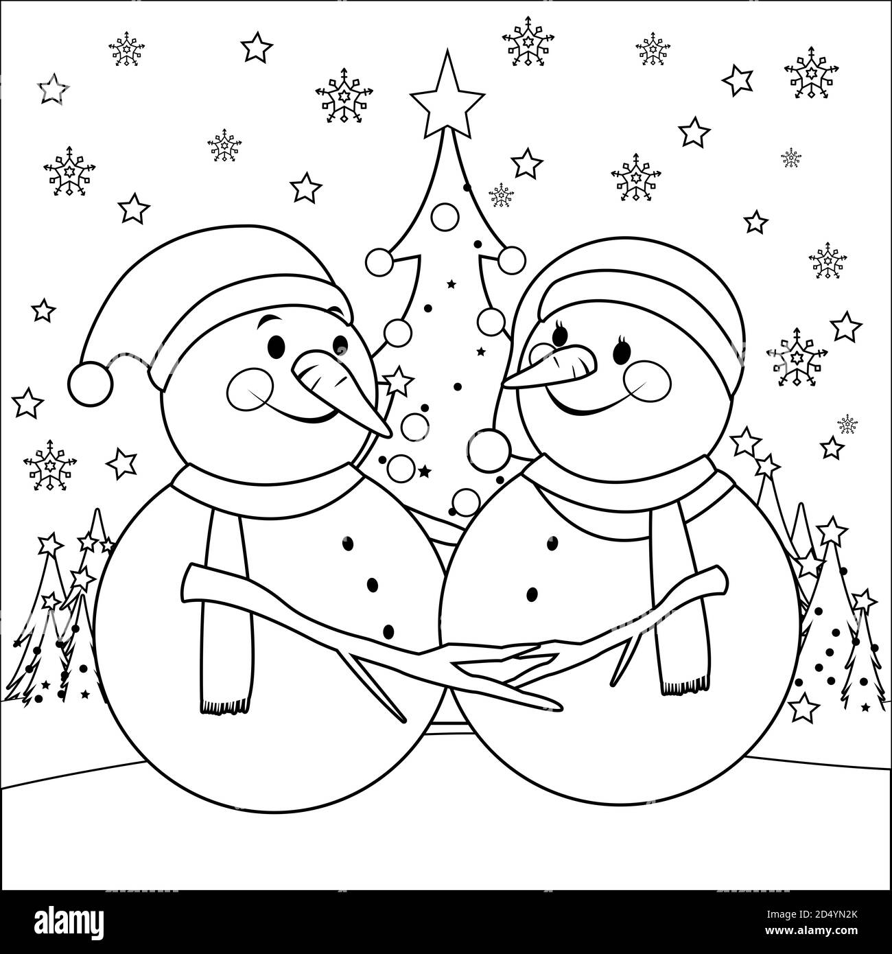 Cute christmas snowmen black and white coloring page stock photo