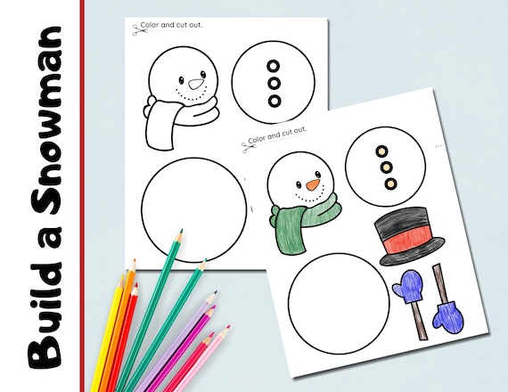 Snowman coloring activity cut and paste snowman craft winter activity homeschool kindergarten toddler activity build a snowman