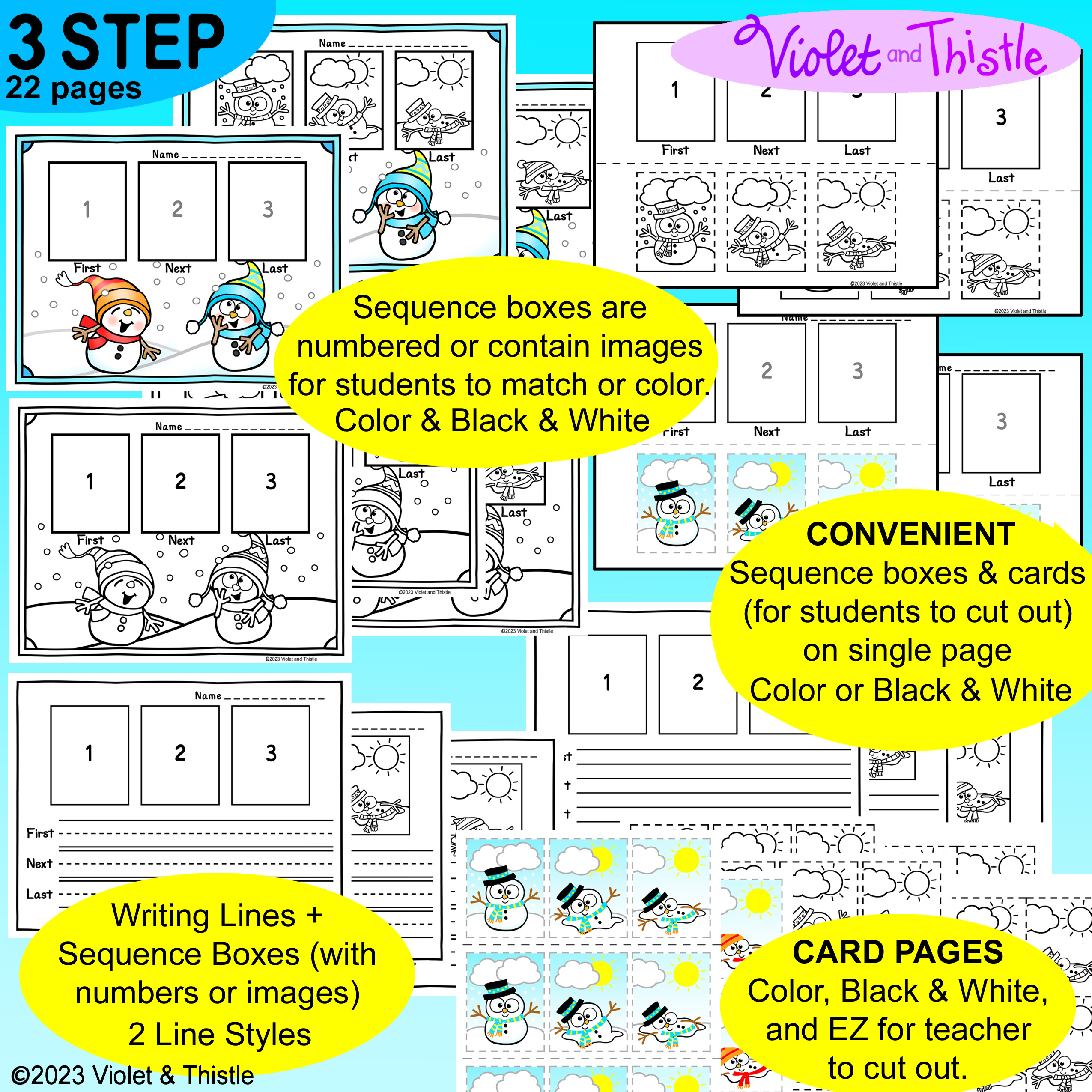 Melting snowman sequence of events activity or step sequencing with cards cut and paste build made by teachers