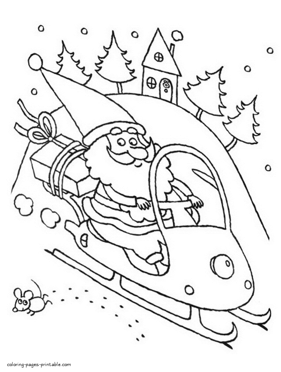 Santa on a snowmobile coloring