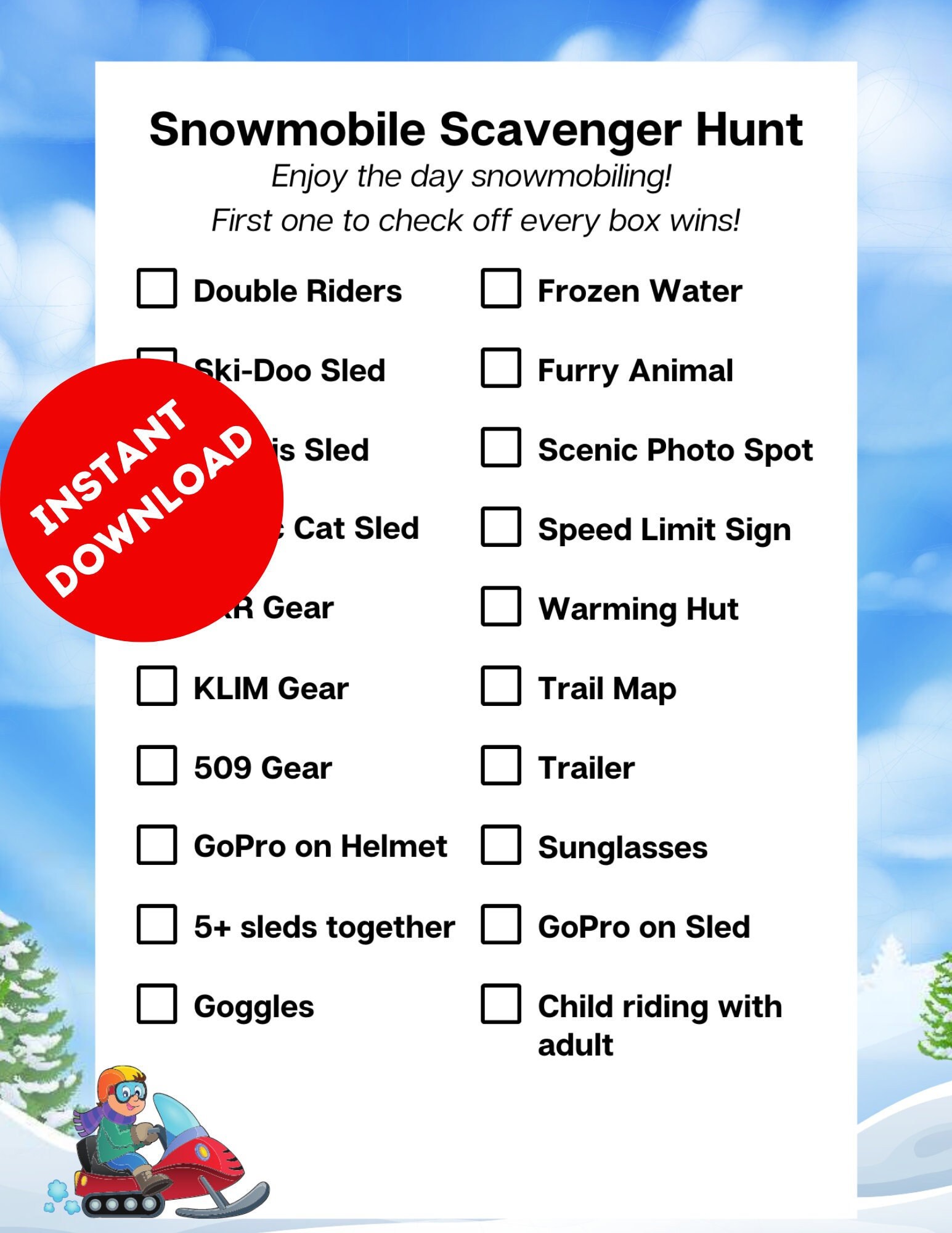 Snowmobile scavenger hunt printable scavenger hunt snowmobile fun
