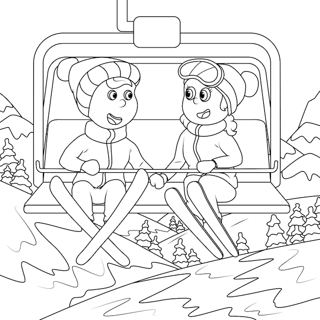 Premium vector the boy and girl are on the ski lift in the mountains coloring book for children