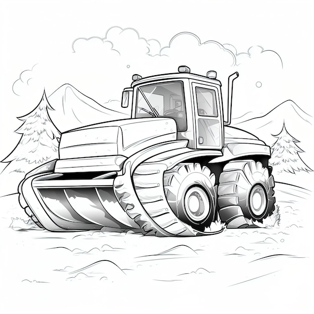 Premium vector a cartoon snowplow with a blade moving a pile of snow coloring book