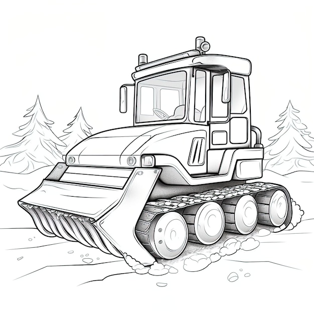 Premium vector a cartoon snowplow with a blade moving a pile of snow coloring book