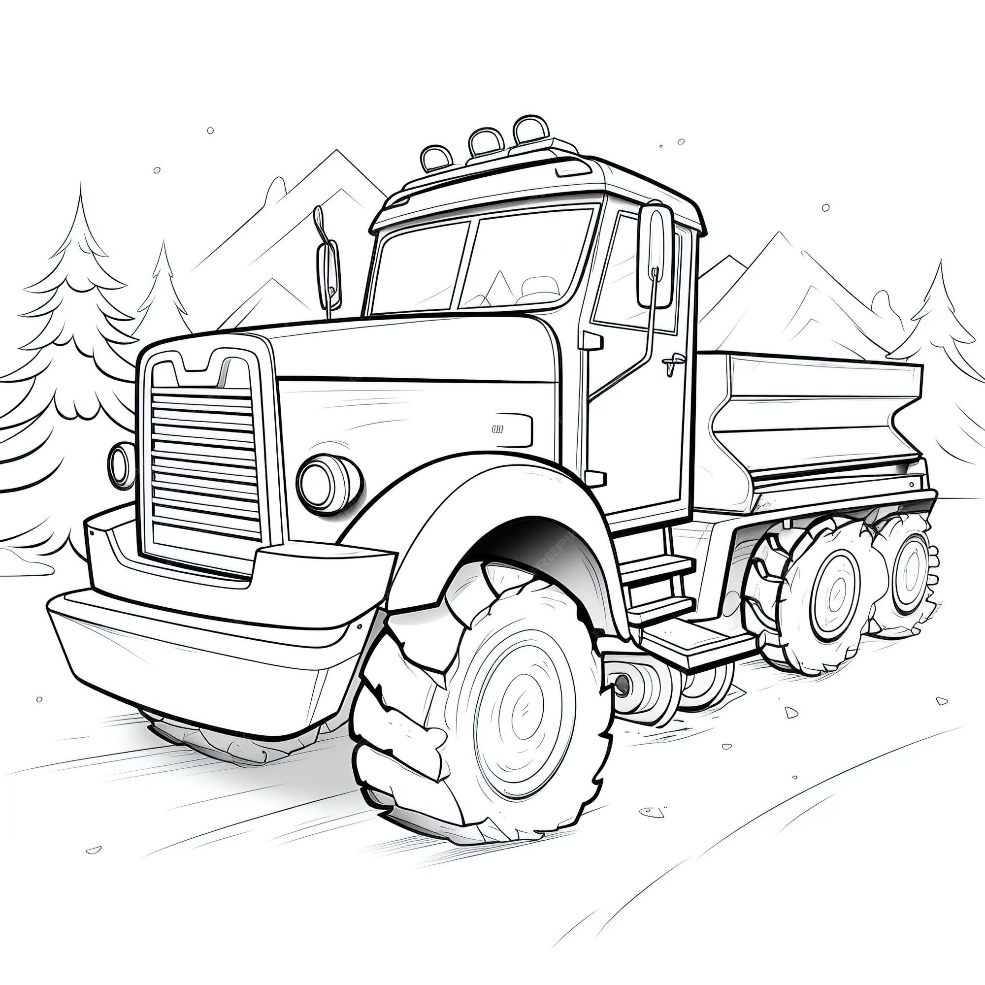 Premium vector a cartoon snowplow with a blade moving a pile of snow coloring book