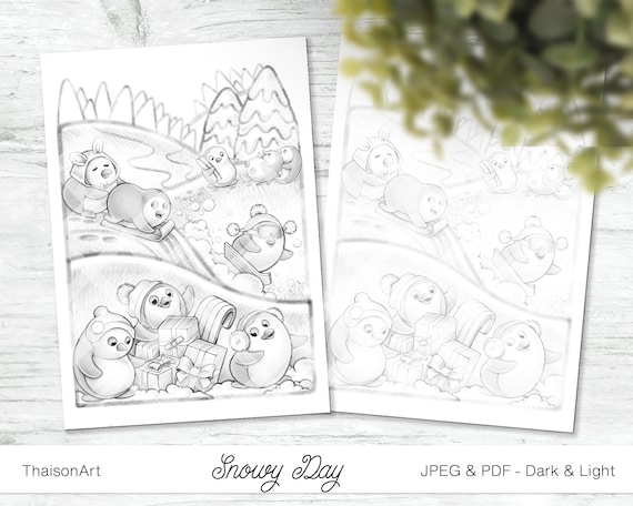 Snowy day baby penguin coloring page printable christmas colouring page for kids and adults cute winter instant download animal holiday download now