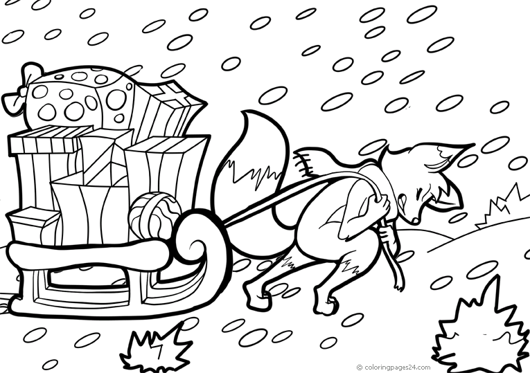 A fox draws a sledge full of christmas presents on a snowy winter day coloring pages